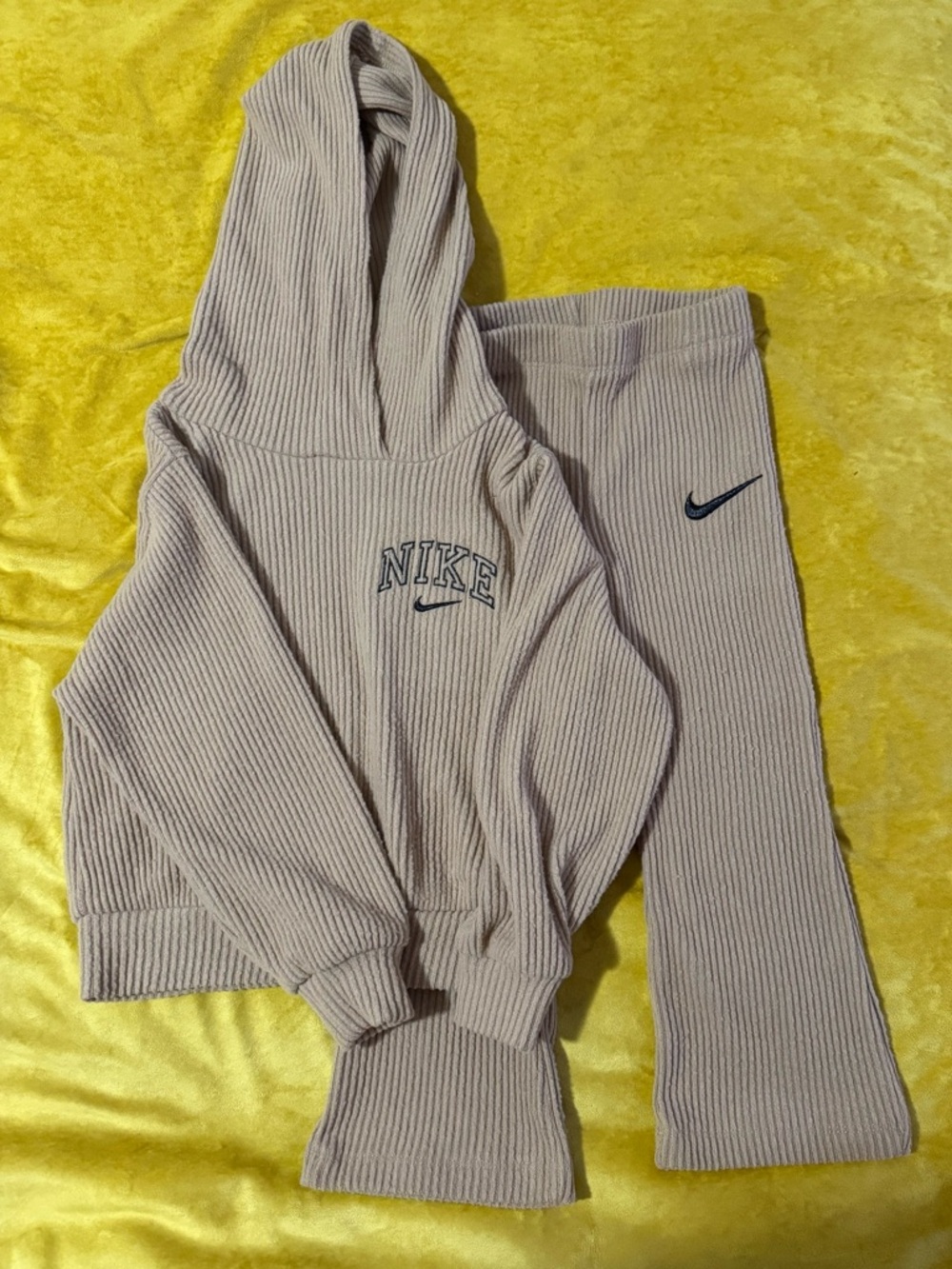 Nike Kids Ribbed Hoodie & Leggings Set in Light Taupe with Black Swoosh
